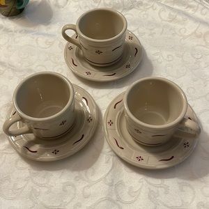 6 pieces Set Of 3 Longaberger Pottery tea cups and saucersUSA